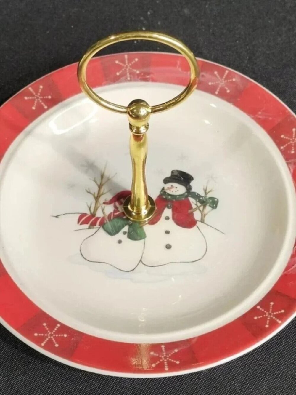Vintage Royal Seasons Snowman Christmas Handled Tiered Serving Tray Dish 1994